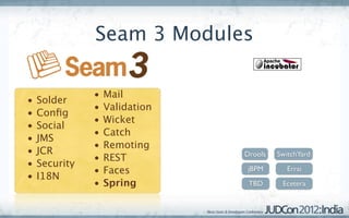 Seam 3 Modules

               •   Mail
•   Solder
               •   Validation
•   Conﬁg
               •   Wicket
•   Social
               •   Catch
•   JMS
               •   Remoting
•   JCR                         Drools   SwitchYard
               •   REST
•   Security
               •   Faces        jBPM        Errai
•   I18N
               •   Spring        TBD      Ecetera
 