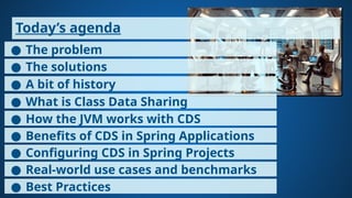 Today’s agenda
● The problem
● The solutions
● What is Class Data Sharing
● How the JVM works with CDS
● A bit of history
● Benefits of CDS in Spring Applications
● Configuring CDS in Spring Projects
● Real-world use cases and benchmarks
● Best Practices
 