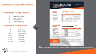 © 2017 ThreatConnect, Inc. All Rights Reserved.
Confidence Rating Best Practices
Confidence Rating Factors
1. Confirmation
2. Plausibility
3. Consistency
Confidence Rating Scale
0 Unknown
1 Discredited
2-29 Improbable
30-49 Doubtful
50-69 Possible
70-89 Probable
90-100 Confirmed
7
Blog: https://www.threatconnect.com/blog/best-practices-indicator-rating-and-confidence/
 