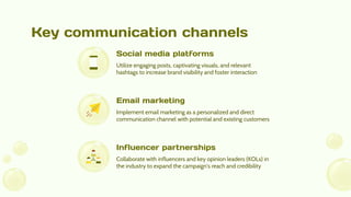Key communication channels
Utilize engaging posts, captivating visuals, and relevant
hashtags to increase brand visibility and foster interaction
Implement email marketing as a personalized and direct
communication channel with potential and existing customers
Collaborate with influencers and key opinion leaders (KOLs) in
the industry to expand the campaign's reach and credibility
Social media platforms
Email marketing
Influencer partnerships
 