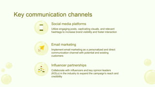 Key communication channels
Utilize engaging posts, captivating visuals, and relevant
hashtags to increase brand visibility and foster interaction
Implement email marketing as a personalized and direct
communication channel with potential and existing
customers
Collaborate with influencers and key opinion leaders
(KOLs) in the industry to expand the campaign's reach and
credibility
Social media platforms
Email marketing
Influencer partnerships
 