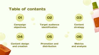 Table of contents
01 02
04 05
Campaign
objectives
Target audience
identification
Content design
and creation
Promotion and
distribution
03
06
Content
strategy
Metrics
and analysis
 