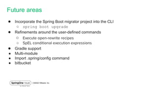 │©2022 VMware, Inc.
Future areas
● Incorporate the Spring Boot migrator project into the CLI
○ spring boot upgrade
● Refin...