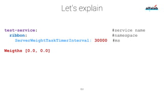 test-service: #service name
ribbon: #namespace
ServerWeightTaskTimerInterval: 30000 #ms
Weigths [0.0, 0.0]
Let’s explain
1...