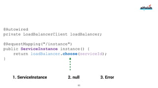 @Autowired
private LoadBalancerClient loadBalancer;
@RequestMapping("/instance")
public ServiceInstance instance() {
return loadBalancer.choose(serviceId);
}
83
1. ServiceInstance 2. null 3. Error
 