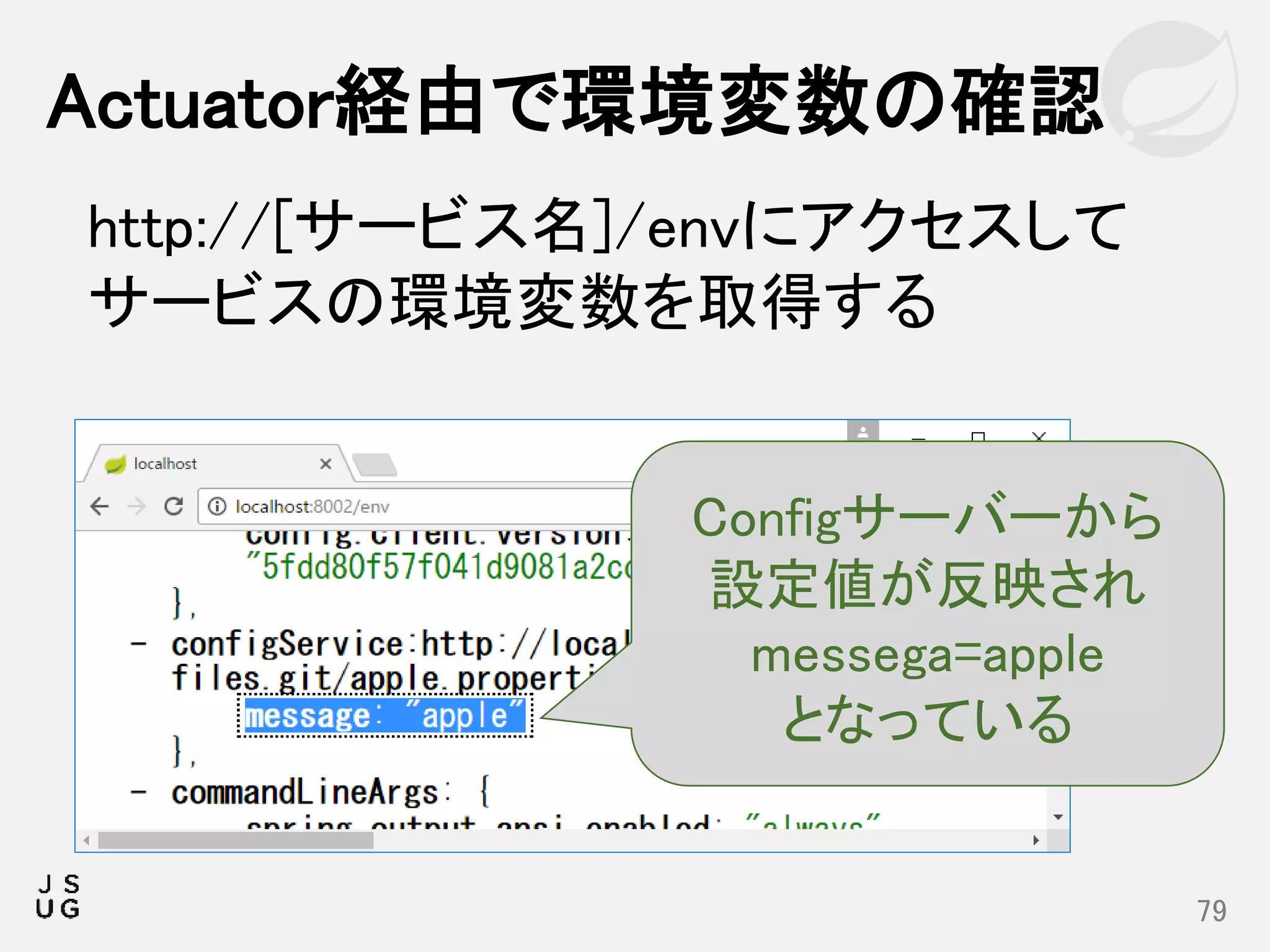 Actuator経由で環境変数の確認
79
http://[サービス名]/envにアクセスして
サービスの環境変数を取得する
Configサーバーから
設定値が反映され
messega=apple
となっている
 