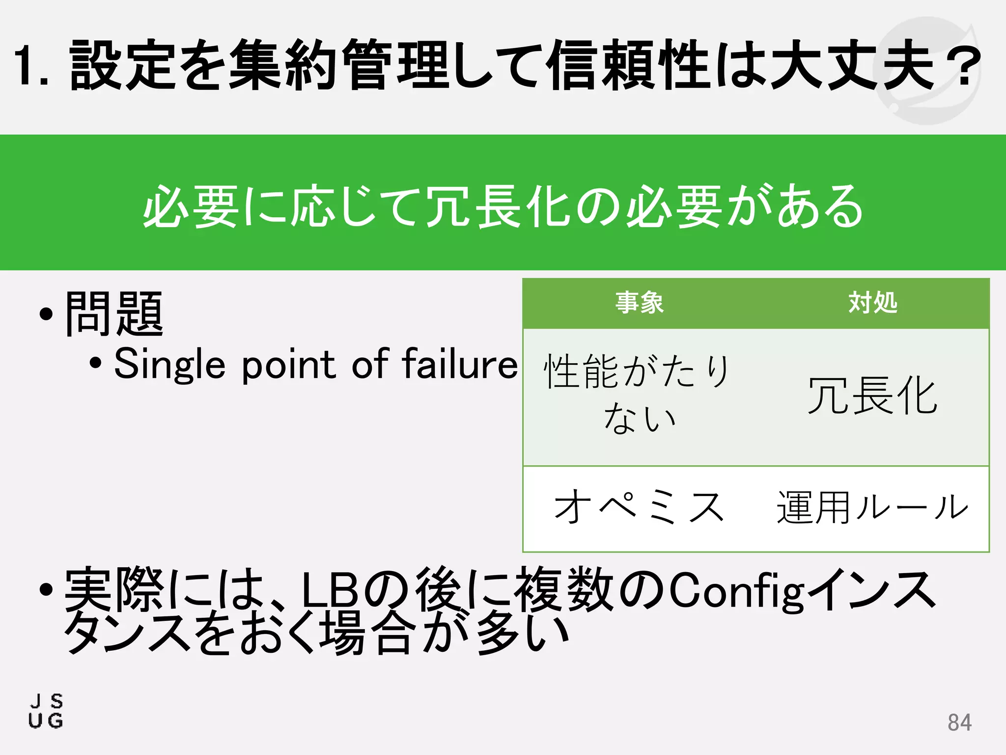 •問題
• Single point of failure
•実際には、LBの後に複数のConfigインス
タンスをおく場合が多い
1. 設定を集約管理して信頼性は大丈夫？
84
必要に応じて冗長化の必要がある
事象 対処
性能がたり
ない
冗長化
オペミス 運用ルール
 