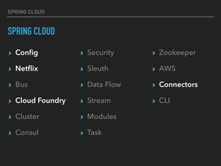 SPRING CLOUD
SPRING CLOUD
▸ Conﬁg
▸ Netﬂix
▸ Bus
▸ Cloud Foundry
▸ Cluster
▸ Consul
▸ Security
▸ Sleuth
▸ Data Flow
▸ Stream
▸ Modules
▸ Task
▸ Zookeeper
▸ AWS
▸ Connectors
▸ CLI
 