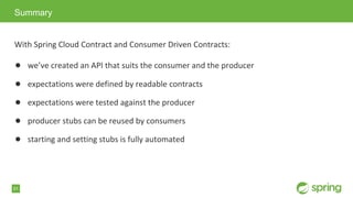 51
With Spring Cloud Contract and Consumer Driven Contracts:
● we&rsquo;ve created an API that suits the consumer and the producer
● expectations were defined by readable contracts
● expectations were tested against the producer
● producer stubs can be reused by consumers
● starting and setting stubs is fully automated
Summary
 