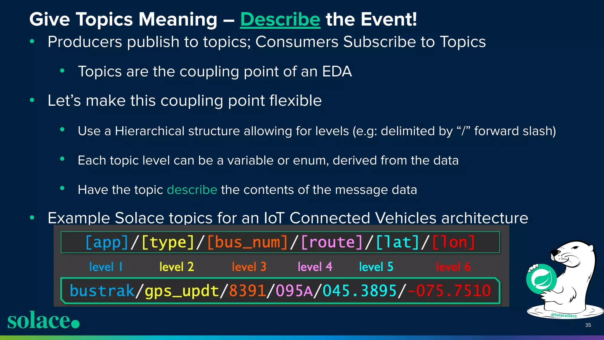 35
Give Topics Meaning – Describe the Event!
• Producers publish to topics; Consumers Subscribe to Topics
• Topics are the coupling point of an EDA
• Let’s make this coupling point ﬂexible
• Use a Hierarchical structure allowing for levels (e.g: delimited by “/” forward slash)
• Each topic level can be a variable or enum, derived from the data
• Have the topic describe the contents of the message data
• Example Solace topics for an IoT Connected Vehicles architecture
 