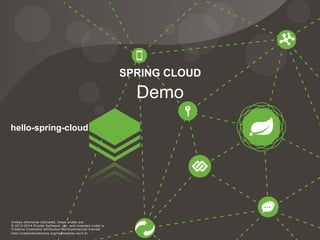 24 Unless otherwise indicated, these slides are © 2013-2014 Pivotal Software, Inc. and licensed under a
Creative Commons Attribution-NonCommercial license: http://creativecommons.org/licenses/by-nc/3.0/
Demo
Unless otherwise indicated, these slides are
© 2013-2014 Pivotal Software, Inc. and licensed under a
Creative Commons Attribution-NonCommercial license:
http://creativecommons.org/licenses/by-nc/3.0/
hello-spring-cloud
SPRING CLOUD
 