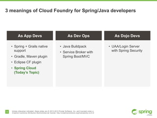 9 Unless otherwise indicated, these slides are © 2013-2014 Pivotal Software, Inc. and licensed under a
Creative Commons Attribution-NonCommercial license: http://creativecommons.org/licenses/by-nc/3.0/
3 meanings of Cloud Foundry for Spring/Java developers
As App Devs As Dev Ops As Dojo Devs
• UAA/Login Server
with Spring Security
• Java Buildpack
• Service Broker with
Spring Boot/MVC
• Spring + Grails native
support
• Gradle, Maven plugin
• Eclipse CF plugin
• Spring Cloud
(Today’s Topic)
 