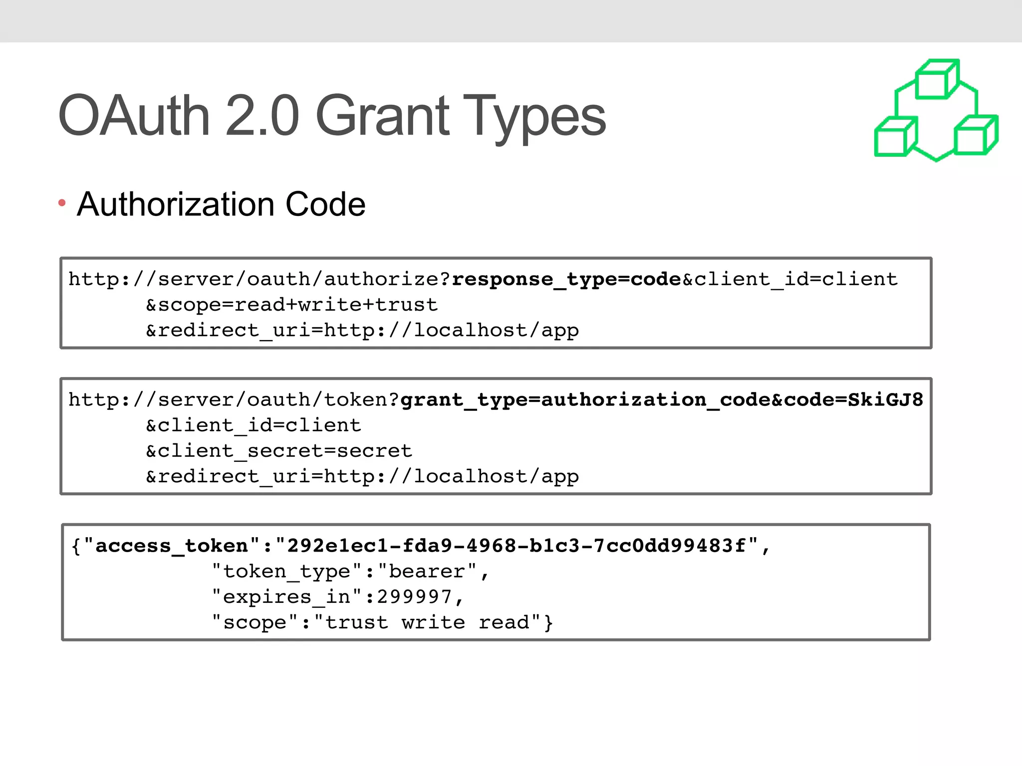OAuth 2.0 Grant Types • Authorization Code http://server/oauth/authorize?response_type=code&client_id=client &scope=read+write+trust &redirect_uri=http://localhost/app http://server/oauth/token?grant_type=authorization_code&code=SkiGJ8 &client_id=client &client_secret=secret &redirect_uri=http://localhost/app {"access_token":"292e1ec1-fda9-4968-b1c3-7cc0dd99483f", "token_type":"bearer", "expires_in":299997, "scope":"trust write read"} 