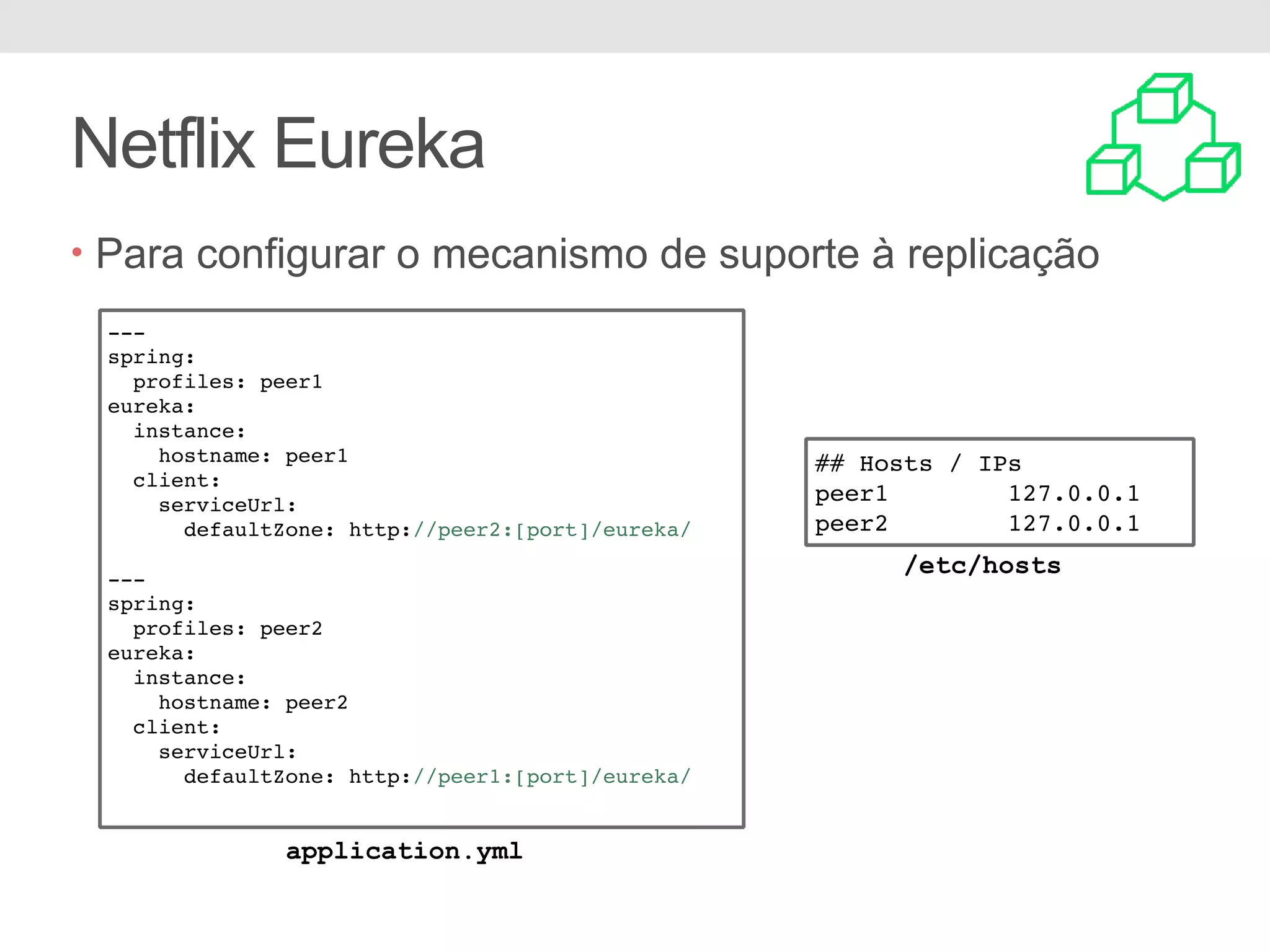 Netflix Eureka • Para configurar o mecanismo de suporte à replicação --- spring: profiles: peer1 eureka: instance: hostname: peer1 client: serviceUrl: defaultZone: http://peer2:[port]/eureka/ --- spring: profiles: peer2 eureka: instance: hostname: peer2 client: serviceUrl: defaultZone: http://peer1:[port]/eureka/ ## Hosts / IPs peer1 127.0.0.1 peer2 127.0.0.1 /etc/hosts application.yml 