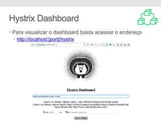 Hystrix Dashboard
• Para visualizar o dashboard basta acessar o endereço
• http://localhost:[port]/hystrix
 