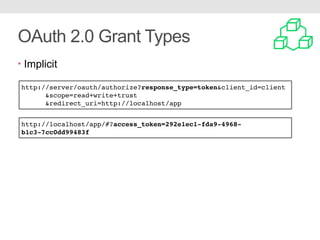 OAuth 2.0 Grant Types
• Implicit
http://server/oauth/authorize?response_type=token&client_id=client
&scope=read+write+trust
&redirect_uri=http://localhost/app
http://localhost/app/#?access_token=292e1ec1-fda9-4968-
b1c3-7cc0dd99483f
 