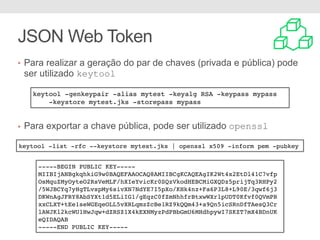 JSON Web Token
• Para realizar a geração do par de chaves (privada e pública) pode
ser utilizado keytool
• Para exportar a chave pública, pode ser utilizado openssl
keytool -genkeypair -alias mytest -keyalg RSA -keypass mypass
-keystore mytest.jks -storepass mypass
keytool -list -rfc --keystore mytest.jks | openssl x509 -inform pem -pubkey
-----BEGIN PUBLIC KEY-----
MIIBIjANBgkqhkiG9w0BAQEFAAOCAQ8AMIIBCgKCAQEAgIK2Wt4x2EtDl41C7vfp
OsMquZMyOyteO2RsVeMLF/hXIeYvicKr0SQzVkodHEBCMiGXQDz5prijTq3RHPy2
/5WJBCYq7yHgTLvspMy6sivXN7NdYE7I5pXo/KHk4nz+Fa6P3L8+L90E/3qwf6j3
DKWnAgJFRY8AbSYXt1d5ELiIG1/gEqzC0fZmNhhfrBtxwWXrlpUDT0Kfvf0QVmPR
xxCLXT+tEe1seWGEqeOLL5vXRLqmzZcBe1RZ9kQQm43+a9Qn5icSRnDfTAesQ3Cr
lAWJKl2kcWU1HwJqw+dZRSZ1X4kEXNMyzPdPBbGmU6MHdhpywI7SKZT7mX4BDnUK
eQIDAQAB
-----END PUBLIC KEY-----
 