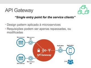 API Gateway
• Design pattern aplicado à microservices
• Requisições podem ser apenas repassadas, ou
modificadas
“Single entry point for the service clients”
 