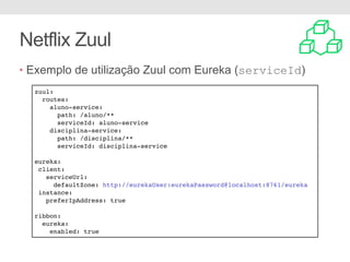 Netflix Zuul
• Exemplo de utilização Zuul com Eureka (serviceId)
zuul:
routes:
aluno-service:
path: /aluno/**
serviceId: aluno-service
disciplina-service:
path: /disciplina/**
serviceId: disciplina-service
eureka:
client:
serviceUrl:
defaultZone: http://eurekaUser:eurekaPassword@localhost:8761/eureka
instance:
preferIpAddress: true
ribbon:
eureka:
enabled: true
 