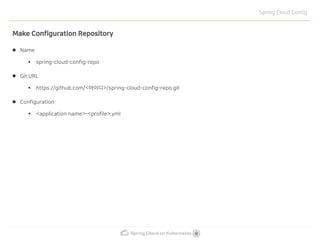 Spring Cloud on Kubernetes
Spring Cloud Config
Make Configuration Repository
Name
▪ spring-cloud-config-repo
Git URL
▪ https://github.com/<아이디>/spring-cloud-config-repo.git
Configuration
▪ <application name>-<profile>.yml
 