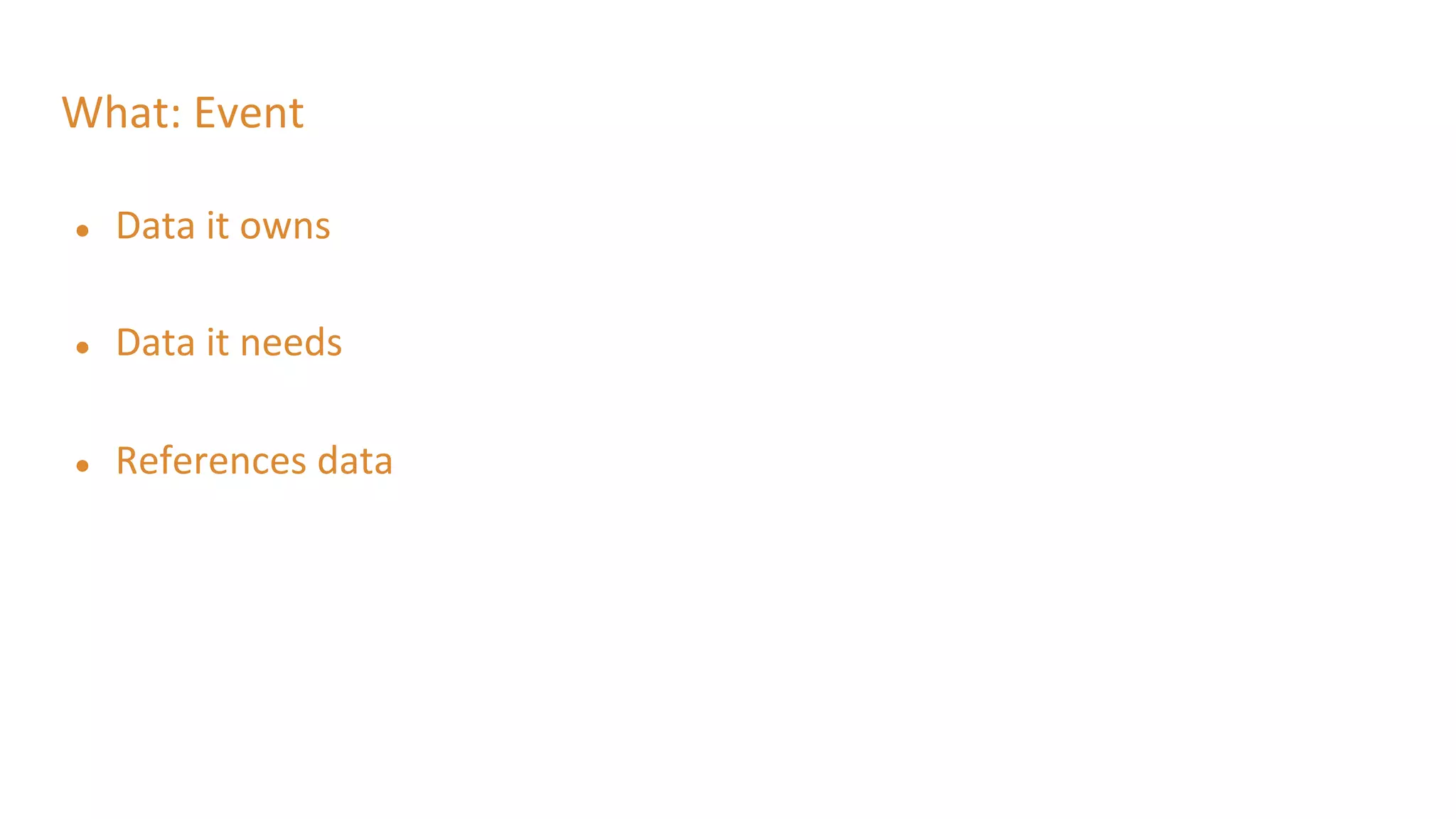 What: Event
● Data it owns
● Data it needs
● References data
 