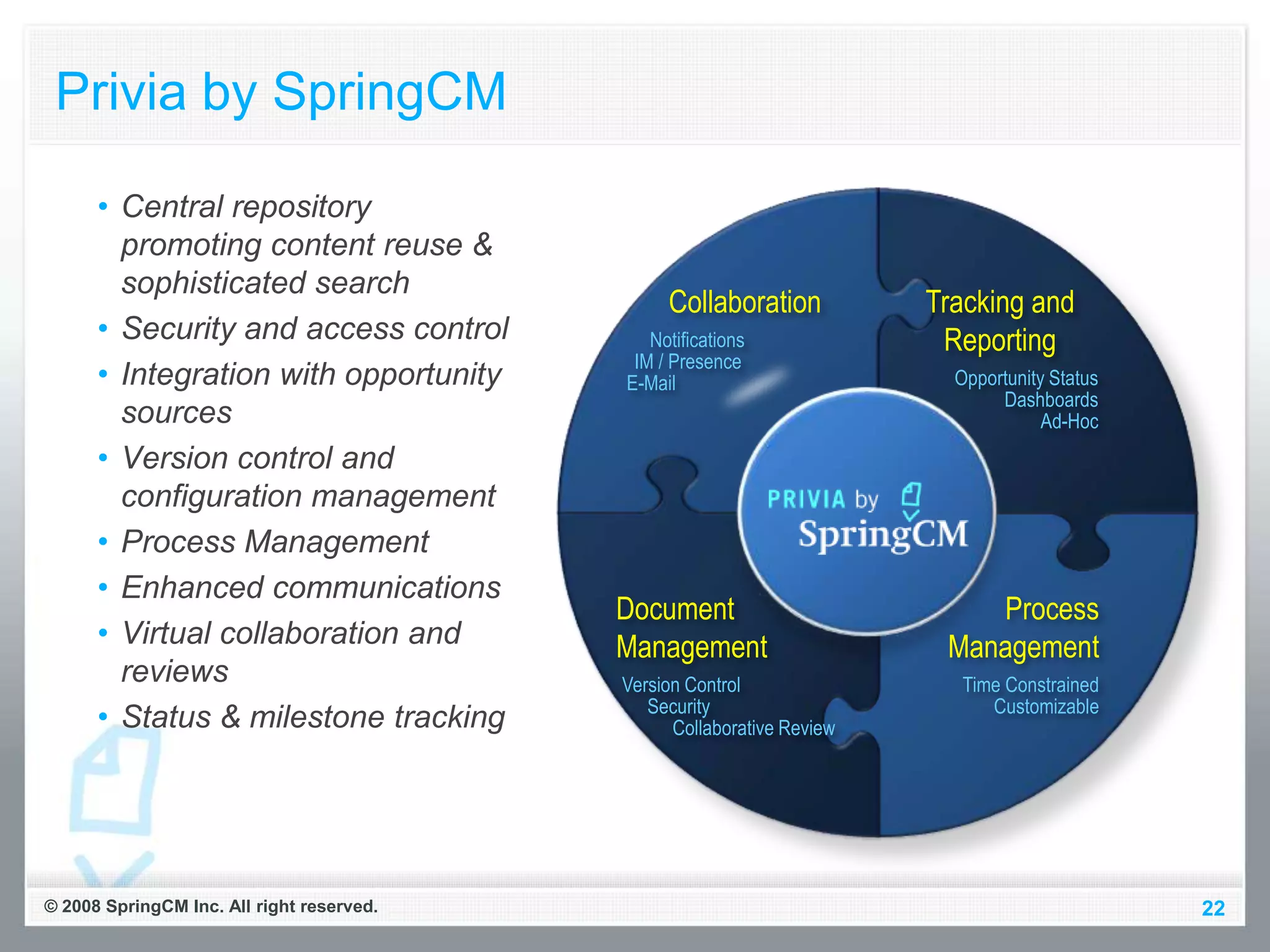 Privia by SpringCM

      • Central repository
        promoting content reuse &
        sophisticated search
                                                Collaboration           Tracking and
      • Security and access control           Notifications              Reporting
                                            IM / Presence
      • Integration with opportunity       E-Mail                         Opportunity Status
                                                                               Dashboards
        sources                                                                      Ad-Hoc
      • Version control and
        configuration management
      • Process Management
      • Enhanced communications
                                           Document                         Process
      • Virtual collaboration and          Management                    Management
        reviews                            Version Control                 Time Constrained
                                              Security                        Customizable
      • Status & milestone tracking              Collaborative Review




© 2008 SpringCM Inc. All right reserved.                                                       22
 
