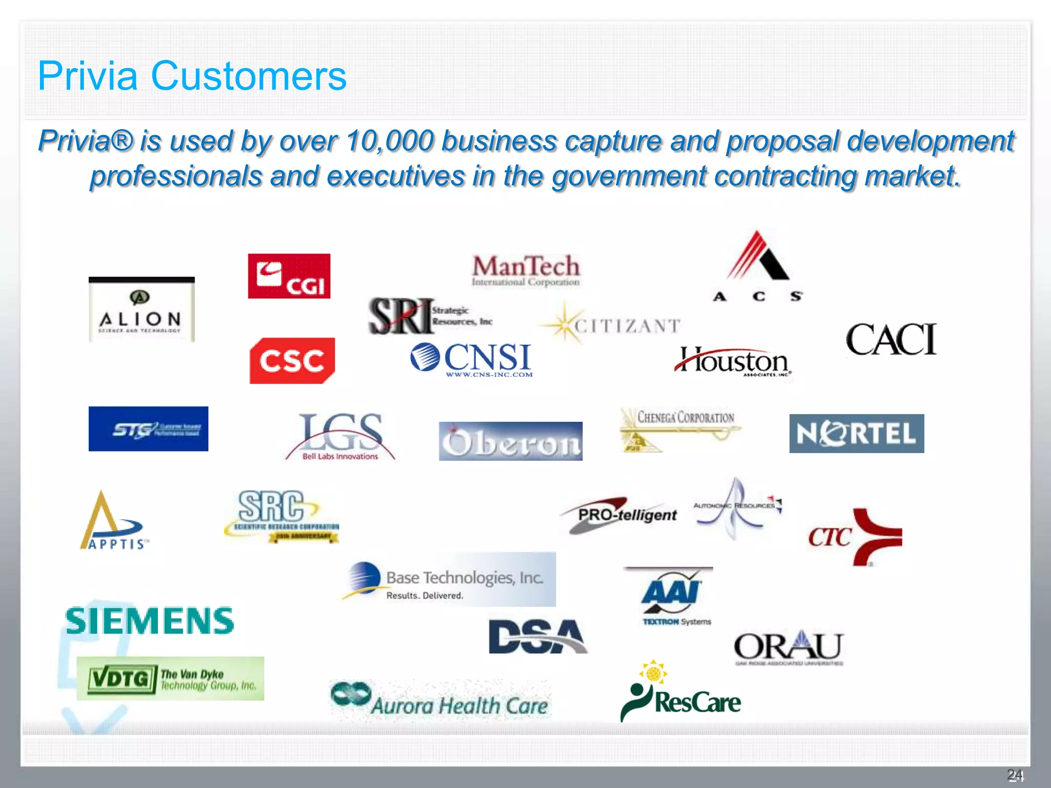Privia Customers
Privia® is used by over 10,000 business capture and proposal development
    professionals and executives in the government contracting market.




                                                                       24
 