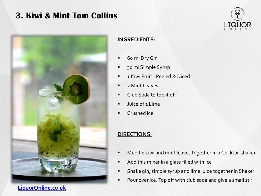 3. Kiwi & Mint Tom Collins INGREDIENTS:  60 ml Dry Gin  30 ml Simple Syrup  1 Kiwi Fruit - Peeled & Diced  2 Mint Leav...