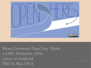 More Common Than You Think:
LAMP, Websites, APIs
Linux to Android
BSD to Mac OS X
Photo Credit: opensourceway.com
 