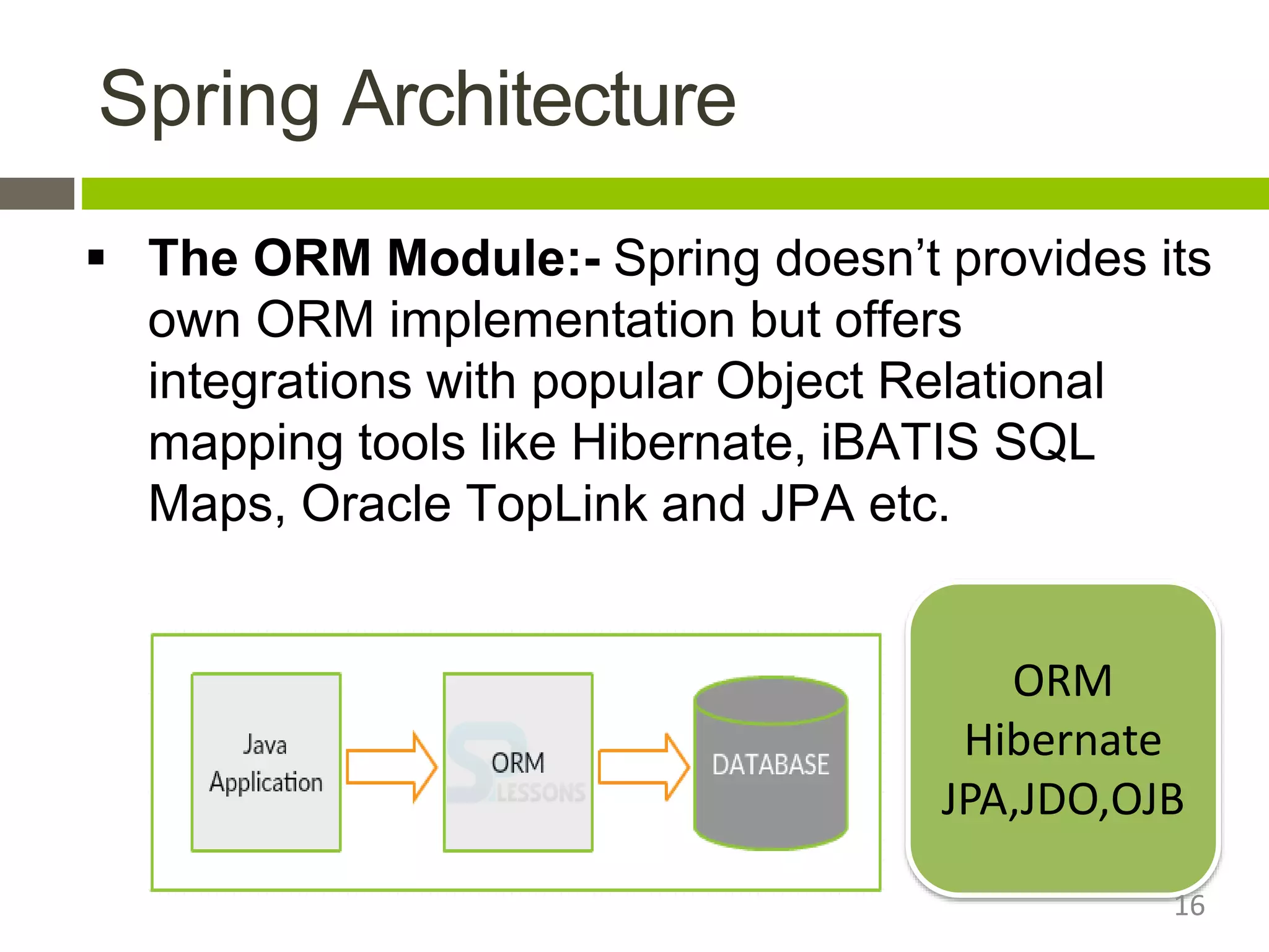 Spring Architecture
 The ORM Module:- Spring doesn’t provides its
own ORM implementation but offers
integrations with popular Object Relational
mapping tools like Hibernate, iBATIS SQL
Maps, Oracle TopLink and JPA etc.
ORM
Hibernate
JPA,JDO,OJB
16
 