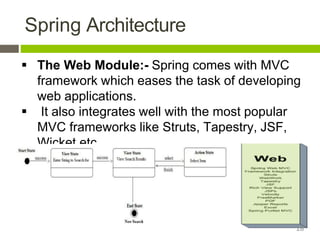 Spring Architecture
 The Web Module:- Spring comes with MVC
framework which eases the task of developing
web applications.
 It also integrates well with the most popular
MVC frameworks like Struts, Tapestry, JSF,
Wicket etc.
18
 