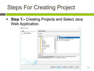 Steps For Creating Project
 Step 1:- Creating Projects and Select Java
Web Application.
24
 