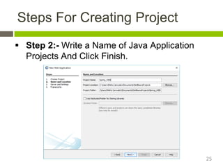 Steps For Creating Project
 Step 2:- Write a Name of Java Application
Projects And Click Finish.
25
 
