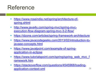Reference
 https://www.roseindia.net/spring/architecture-of-
spring.shtml
 http://www.java4s.com/spring-mvc/spring-mvc-
execution-flow-diagram-spring-mvc-3-2-flow/
 https://dzone.com/articles/spring-framework-architecture
 https://www.javacodegeeks.com/2013/02/introduction-to-
javaee-concepts.html
 https://www.javatpoint.com/example-of-spring-
application-in-eclipse
 https://www.tutorialspoint.com/spring/spring_web_mvc_f
ramework.htm
 https://stackoverflow.com/questions/4545968/loading-
application-context-xml 28
 