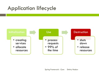 Application lifecycle


Initialization    Use                             Destruction

   • creating    • process                             • shuts
     services      requests                              down
   • allocate    • 99% of                              • release
     resources     the time                              resources




                 Spring Framework - Core   Dmitry Noskov
 