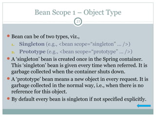 Injecting Collection
27
Tag Name
Inner Tag
Name
Java Collection
Type
Specification
<list> <value> java.util.List<E>
Allows duplicate
entries
<map> <entry> java.util.Map<K, V>
Key-Value pair of
any object type
<set> <value> java.util.Set<E>
Does not allow
duplicate entries
<props> <prop> java.util.Properties
Key-Value pair of
type ‘String’
Pushan Bhattacharya
 