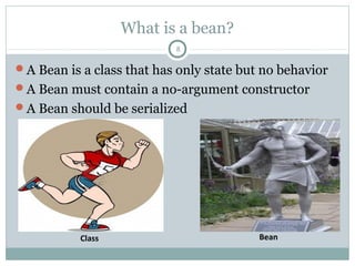 What is a bean?
A Bean is a class that has only state but no behavior
A Bean must contain a no-argument constructor
A Bean should be serialized
8
Class Bean
Pushan Bhattacharya
 
