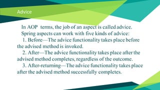 Advice
In AOP terms, the job of an aspect is called advice.
Spring aspects can work with five kinds of advice:
1. Before—The advice functionality takes place before
the advised method is invoked.
2. After—The advice functionality takes place after the
advised method completes, regardless of the outcome.
3. After-returning—The advice functionality takes place
after the advised method successfully completes.
 