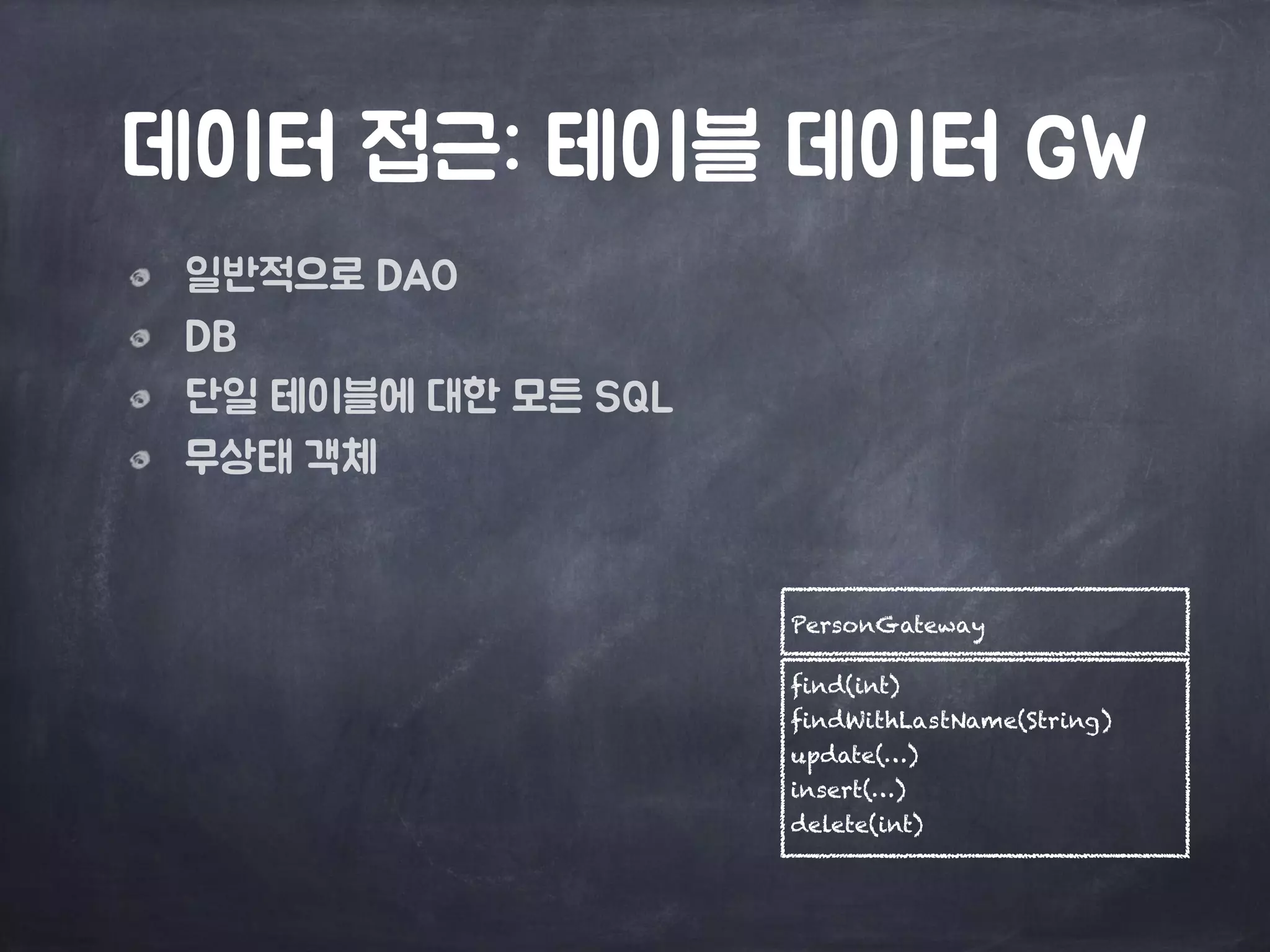데이터 접근: 테이블 데이터 GW
일반적으로 DAO
DB
단일 테이블에 대한 모든 SQL
무상태 객체
find(int)
findWithLastName(String)
update(…)
insert(…)
delete(int)
PersonGateway
 