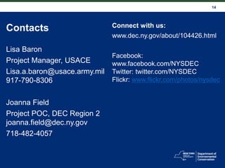 14
Contacts
Lisa Baron
Project Manager, USACE
Lisa.a.baron@usace.army.mil
917-790-8306
Joanna Field
Project POC, DEC Regio...