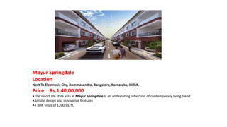 Mayur Springdale
Location
Next To Electronic City, Bommasandra, Bangalore, Karnataka, INDIA.
Price Rs.1,40,00,000
•The resort life style villa at Mayur Springdale is an undeviating reflection of contemporary living trend
•Artistic design and innovative features
•4 BHK villas of 1200 sq. ft.
 