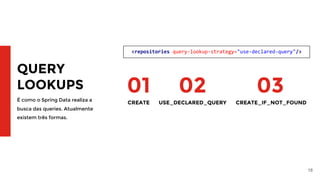 18
QUERY
LOOKUPS
É como o Spring Data realiza a
busca das queries. Atualmente
existem três formas.
CREATE
01
USE_DECLARED_QUERY
02
CREATE_IF_NOT_FOUND
03
<repositories query-lookup-strategy="use-declared-query"/>
 