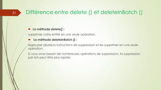 Différence entre delete () et deleteInBatch ()
 La méthode delete() :
supprimer votre entité en une seule opération.
 La méthode deleteInBatch () :
regrouper plusieurs instructions de suppression et les supprimer en une seule
opération.
Si vous avez besoin de nombreuses opérations de suppression, la suppression
par lots peut être plus rapide.
31
 