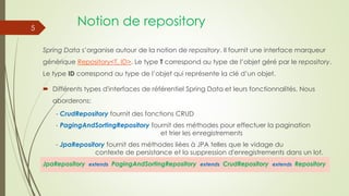 Notion de repository
Spring Data s’organise autour de la notion de repository. Il fournit une interface marqueur
générique Repository<T, ID>. Le type T correspond au type de l’objet géré par le repository.
Le type ID correspond au type de l’objet qui représente la clé d’un objet.
 Différents types d'interfaces de référentiel Spring Data et leurs fonctionnalités. Nous
aborderons:
- CrudRepository fournit des fonctions CRUD
- PagingAndSortingRepository fournit des méthodes pour effectuer la pagination
et trier les enregistrements
- JpaRepository fournit des méthodes liées à JPA telles que le vidage du
contexte de persistance et la suppression d'enregistrements dans un lot.
JpaRepository extends PagingAndSortingRepository extends CrudRepository extends Repository
5
 