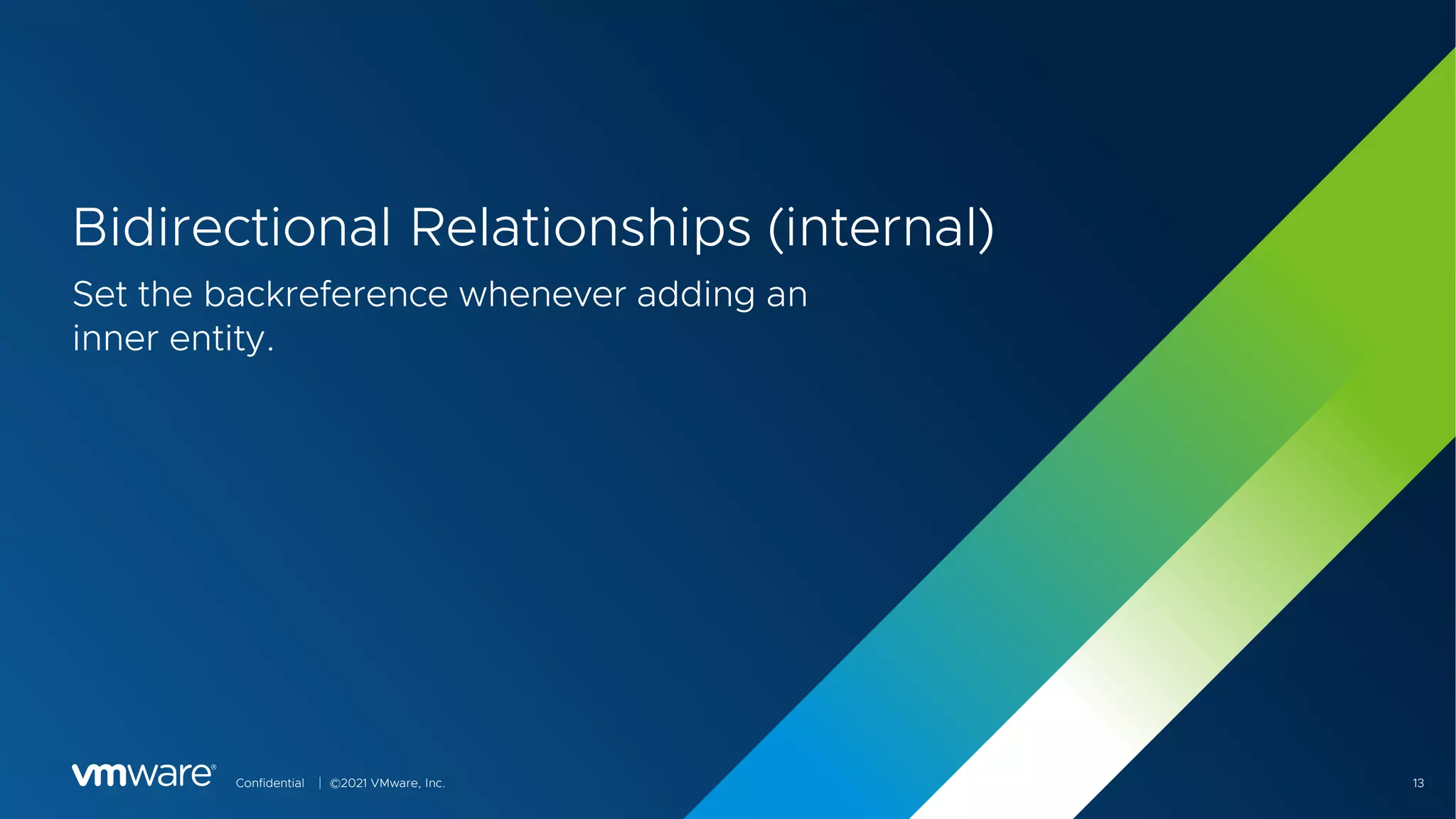 Confidential │ ©2021 VMware, Inc. 13
Bidirectional Relationships (internal)
Set the backreference whenever adding an
inner entity.
 