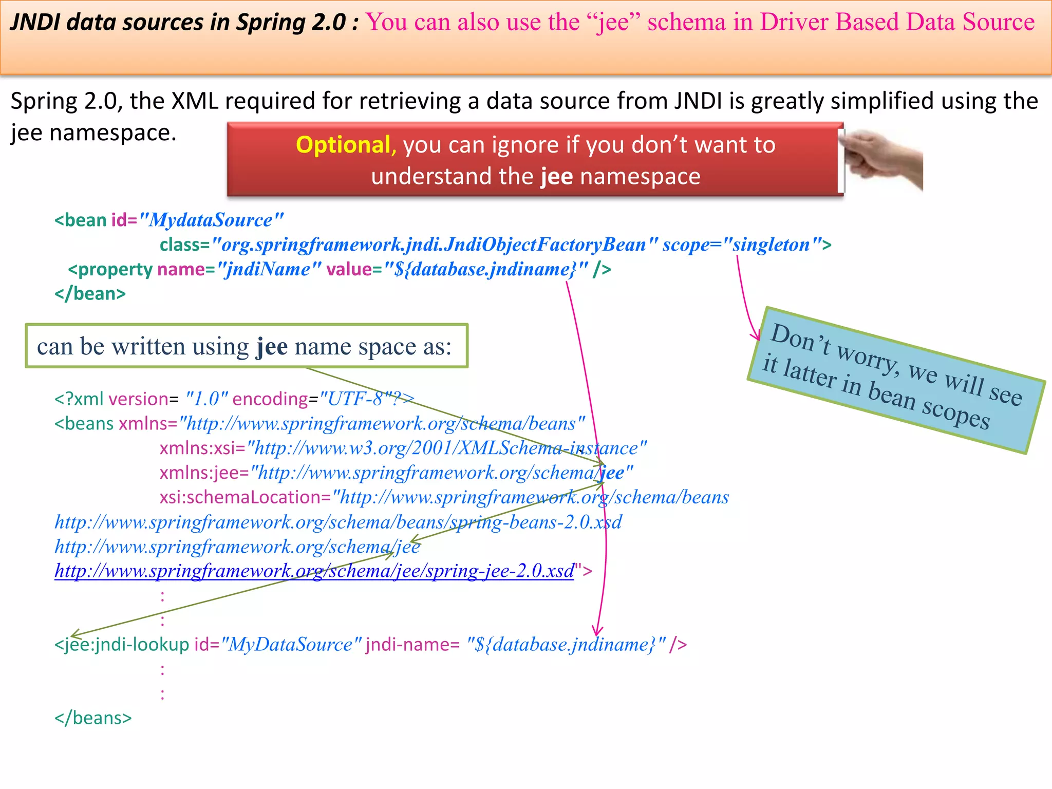 JNDI data sources in Spring 2.0 : You can also use the “jee” schema in Driver Based Data Source Spring 2.0, the XML required for retrieving a data source from JNDI is greatly simplified using the jee namespace. Optional, you can ignore if you don’t want to understand the jee namespace <bean id="MydataSource" class="org.springframework.jndi.JndiObjectFactoryBean" scope="singleton"> <property name="jndiName" value="${database.jndiname}" /> </bean> can be written using jee name space as: <?xml version= "1.0" encoding="UTF-8"?> <beans xmlns="http://www.springframework.org/schema/beans" xmlns:xsi="http://www.w3.org/2001/XMLSchema-instance" xmlns:jee="http://www.springframework.org/schema/jee" xsi:schemaLocation="http://www.springframework.org/schema/beans http://www.springframework.org/schema/beans/spring-beans-2.0.xsd http://www.springframework.org/schema/jee http://www.springframework.org/schema/jee/spring-jee-2.0.xsd"> : : <jee:jndi-lookup id="MyDataSource" jndi-name= "${database.jndiname}" /> : : </beans> 
