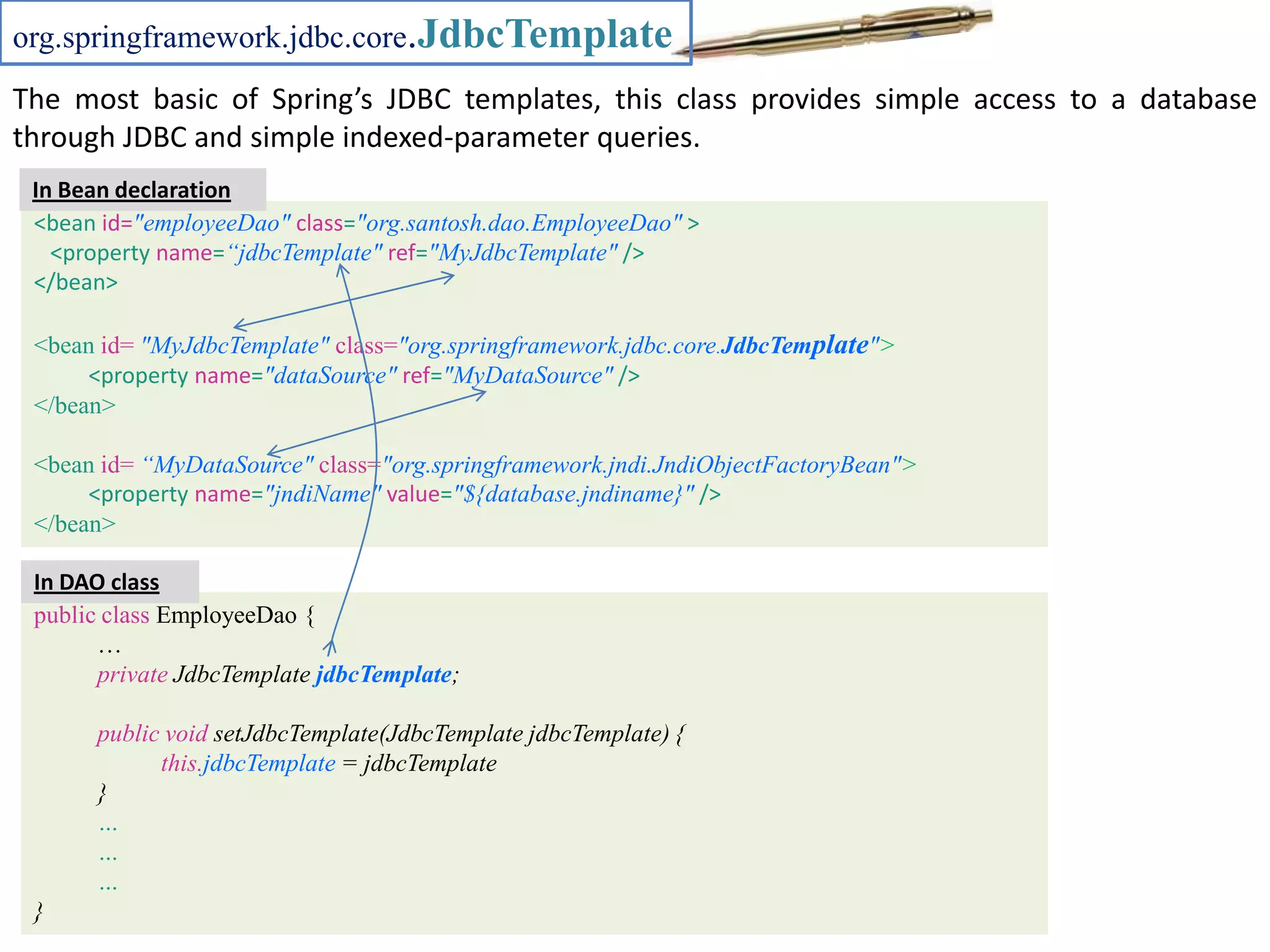 org.springframework.jdbc.core.JdbcTemplate The most basic of Spring’s JDBC templates, this class provides simple access to a database through JDBC and simple indexed-parameter queries. In Bean declaration <bean id="employeeDao" class="org.santosh.dao.EmployeeDao" > <property name=“jdbcTemplate" ref="MyJdbcTemplate" /> </bean> <bean id= "MyJdbcTemplate" class="org.springframework.jdbc.core.JdbcTemplate"> <property name="dataSource" ref="MyDataSource" /> </bean> <bean id= “MyDataSource" class="org.springframework.jndi.JndiObjectFactoryBean"> <property name="jndiName" value="${database.jndiname}" /> </bean> In DAO class public class EmployeeDao { … private JdbcTemplate jdbcTemplate; public void setJdbcTemplate(JdbcTemplate jdbcTemplate) { this.jdbcTemplate = jdbcTemplate } … … … } 