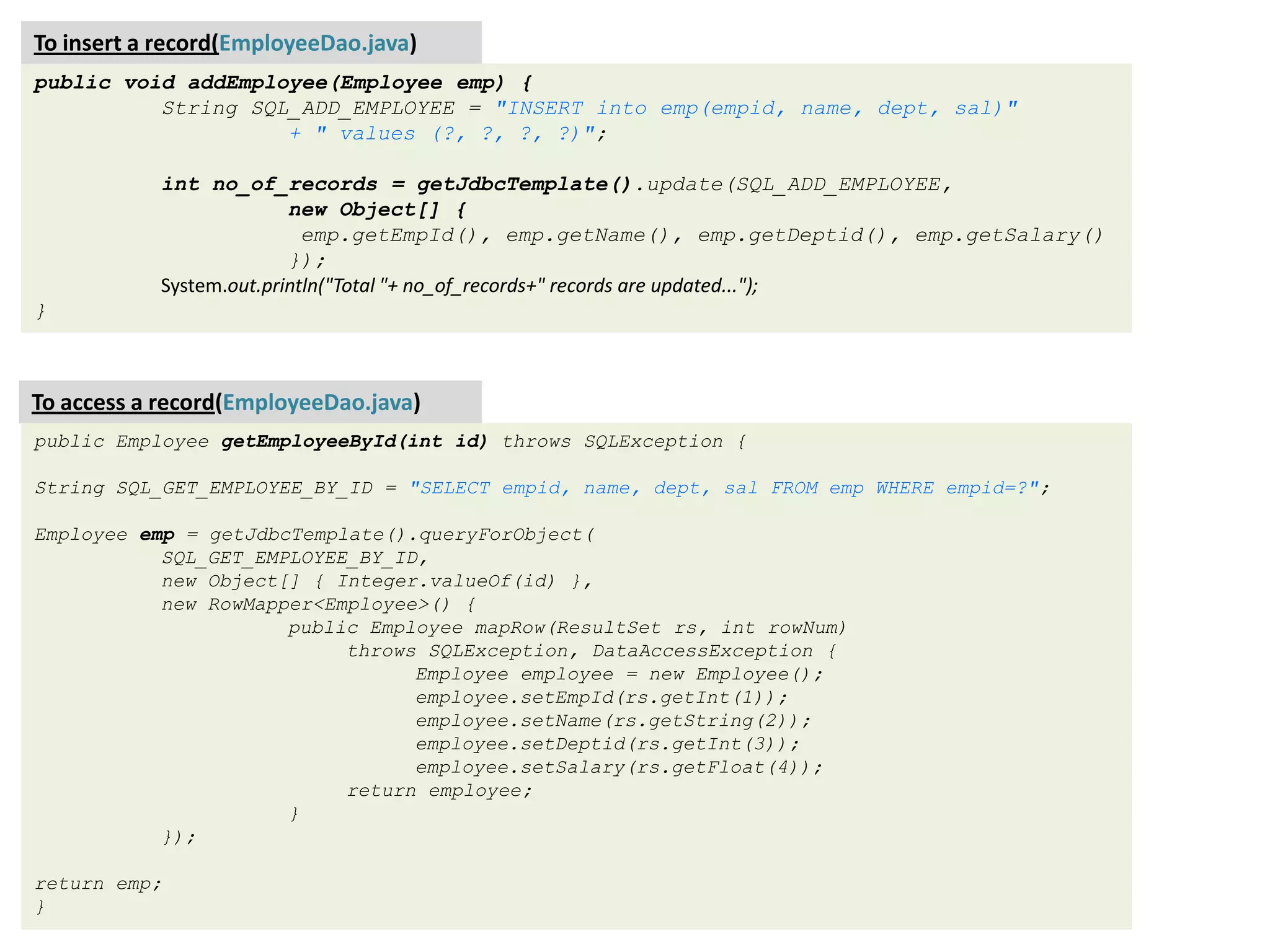 To insert a record(EmployeeDao.java) public void addEmployee(Employee emp) { String SQL_ADD_EMPLOYEE = "INSERT into emp(empid, name, dept, sal)" + " values (?, ?, ?, ?)"; int no_of_records = getJdbcTemplate().update(SQL_ADD_EMPLOYEE, new Object[] { emp.getEmpId(), emp.getName(), emp.getDeptid(), emp.getSalary() }); System.out.println("Total "+ no_of_records+" records are updated..."); } To access a record(EmployeeDao.java) public Employee getEmployeeById(int id) throws SQLException { String SQL_GET_EMPLOYEE_BY_ID = "SELECT empid, name, dept, sal FROM emp WHERE empid=?"; Employee emp = getJdbcTemplate().queryForObject( SQL_GET_EMPLOYEE_BY_ID, new Object[] { Integer.valueOf(id) }, new RowMapper<Employee>() { public Employee mapRow(ResultSet rs, int rowNum) throws SQLException, DataAccessException { Employee employee = new Employee(); employee.setEmpId(rs.getInt(1)); employee.setName(rs.getString(2)); employee.setDeptid(rs.getInt(3)); employee.setSalary(rs.getFloat(4)); return employee; } }); return emp; } 