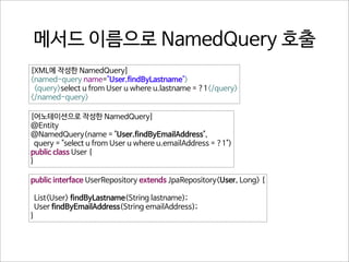 메서드 이름으로 NamedQuery 호출
[XML에 작성한 NamedQuery]
<named-query name="User.findByLastname">
<query>select u from User u where u.lastname = ?1</query>
</named-query>
[어노테이션으로 작성한 NamedQuery]
@Entity
@NamedQuery(name = "User.findByEmailAddress",
query = "select u from User u where u.emailAddress = ?1")
public class User {
}
public interface UserRepository extends JpaRepository<User, Long> {
List<User> findByLastname(String lastname);
User findByEmailAddress(String emailAddress);
}

 