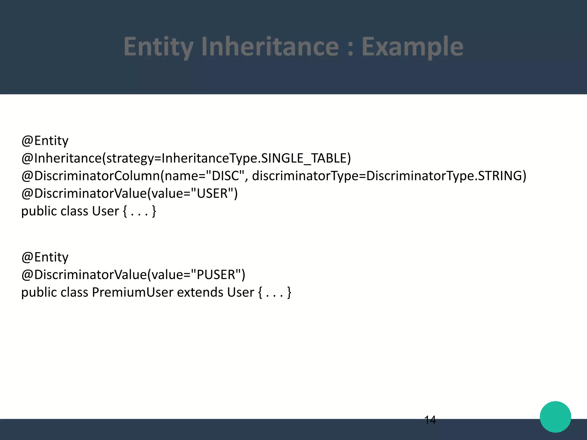 @Entity
@Inheritance(strategy=InheritanceType.SINGLE_TABLE)
@DiscriminatorColumn(name="DISC", discriminatorType=DiscriminatorType.STRING)
@DiscriminatorValue(value="USER")
public class User { . . . }
@Entity
@DiscriminatorValue(value="PUSER")
public class PremiumUser extends User { . . . }
14
Entity Inheritance : Example
 